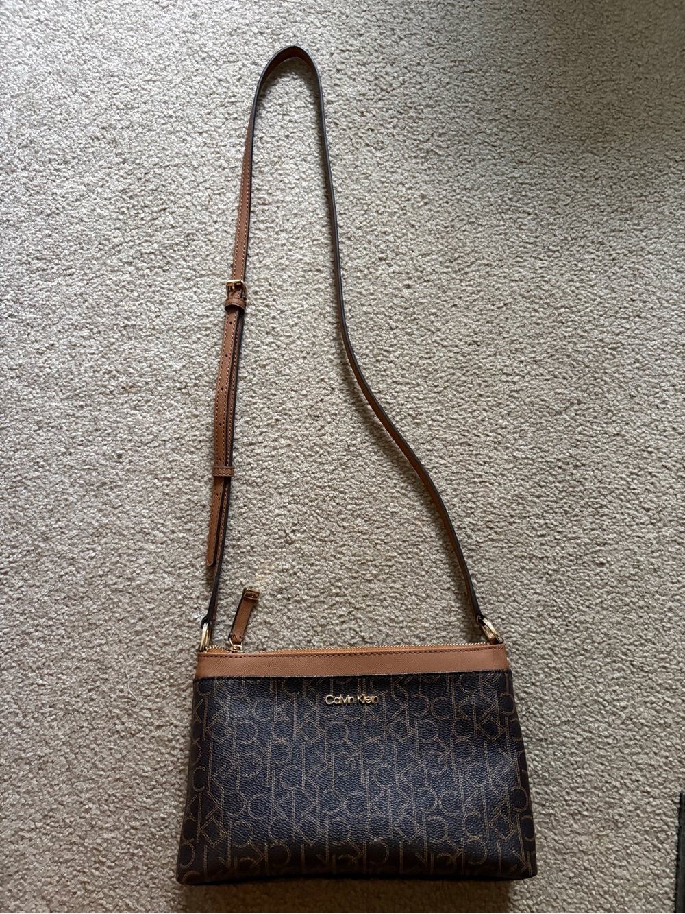 Calvin Klein Dark Brown Monogram Crossbody with Tan Trim paid $150 never wore